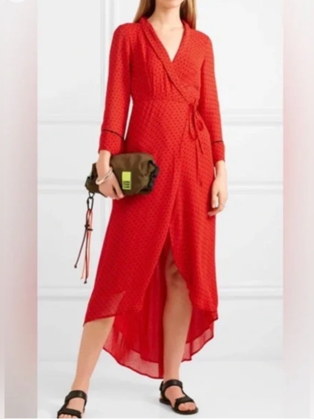 Ganni Red Polka-Dot Wrap High-Low Midi Dress